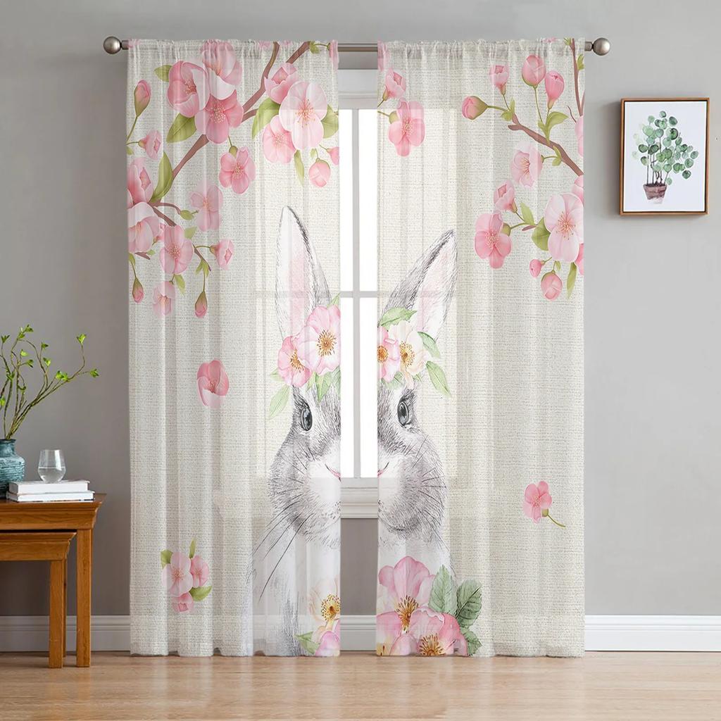 Easter Truck Bunny Butterfly Cherry Blossom Curtains Living Room Voile Curtain Bedroom Tulle Window Drapes Sheer Made Of Polyester Sitting Decor