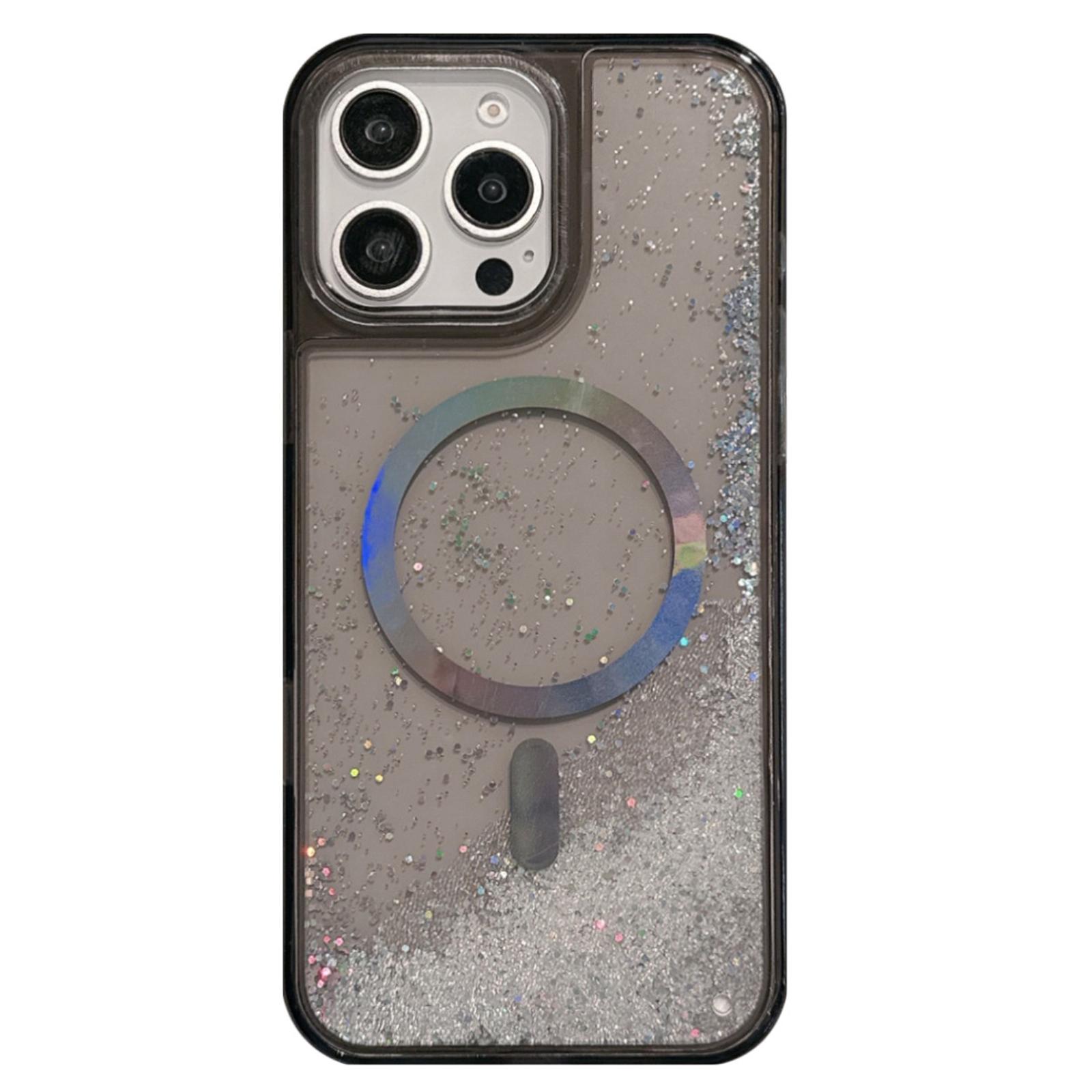 

Чехол для iPhone 15 Pro Max, совместимый с MagSafe, гальванизированный чехол для телефона из ПК+ТПУ с зыбучим песком Black