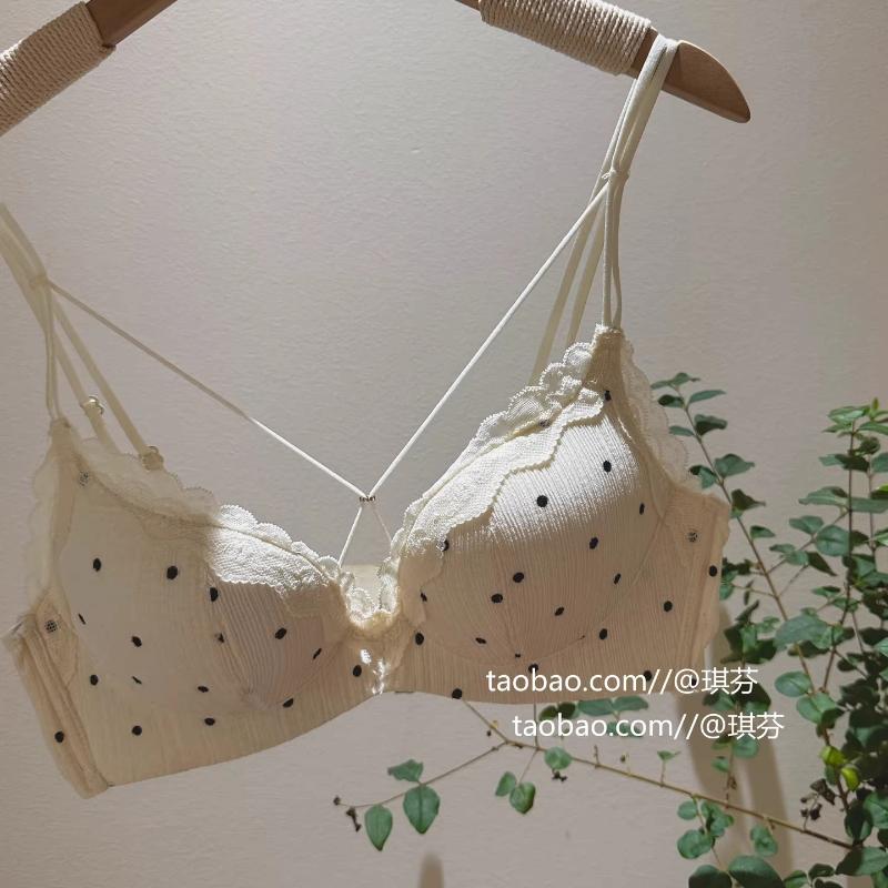 Beige Polka Dot Wireless Bra with Lace Trim and Double Straps S шампанского