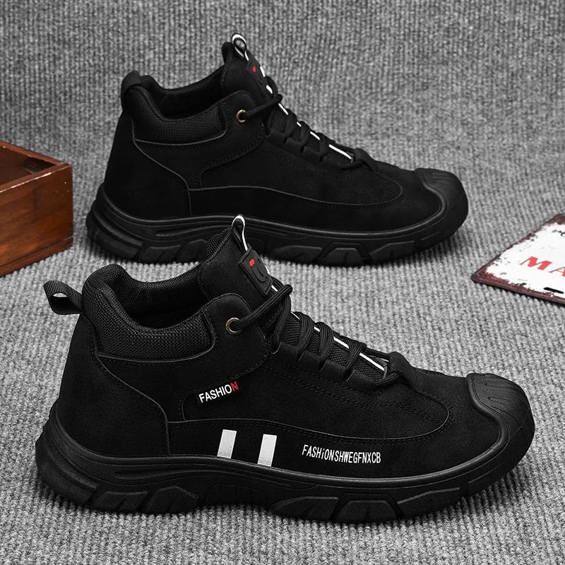 Fashion Men's Shoes 2025 Spring New High Top Leather Casual Sports Shoes Fashionable British Style Thick Soled Anti Slip Work Boots