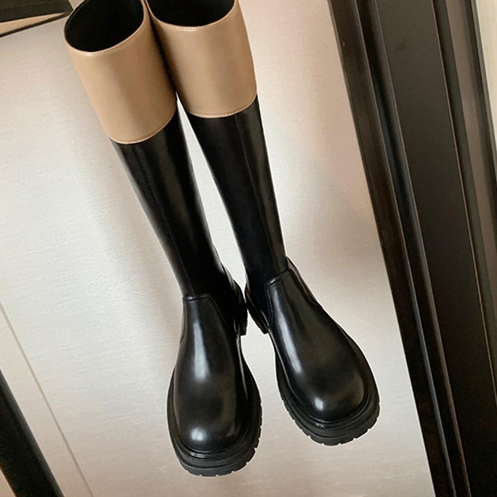 Grape mother studiolee color matching fashion round head thick sole thick heel medium long tube thin knight boots women autumn and winter