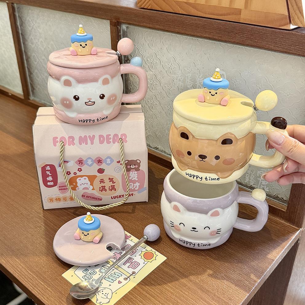 High Value Ins Ceramic Cup with Lid with Spoon Cute Mug Couple Home Coffee Breakfast Cup Children