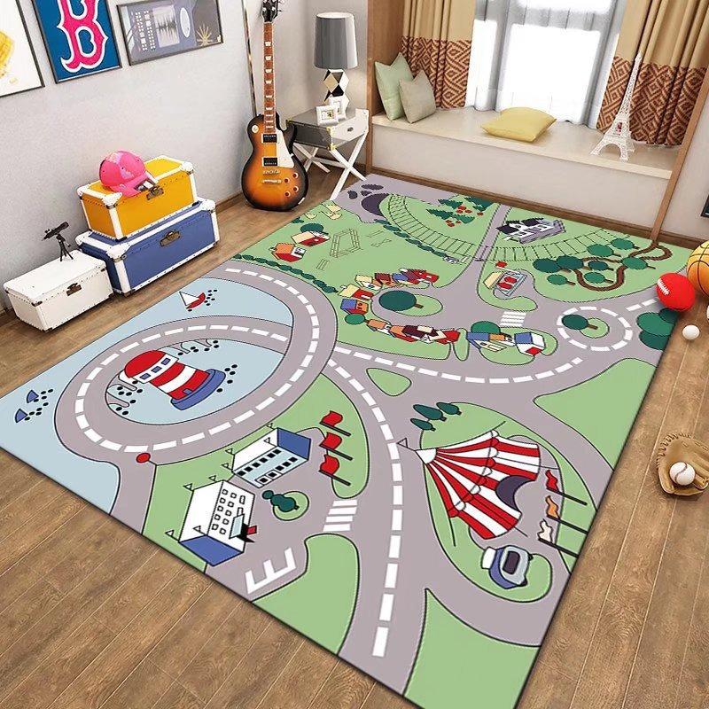 Kids Parking Lot Traffic Game Carpet Boy Car Cartoon Road Track Carpet Driveway Floor Mat Kids Game Crawl Floor Mat Home Decor