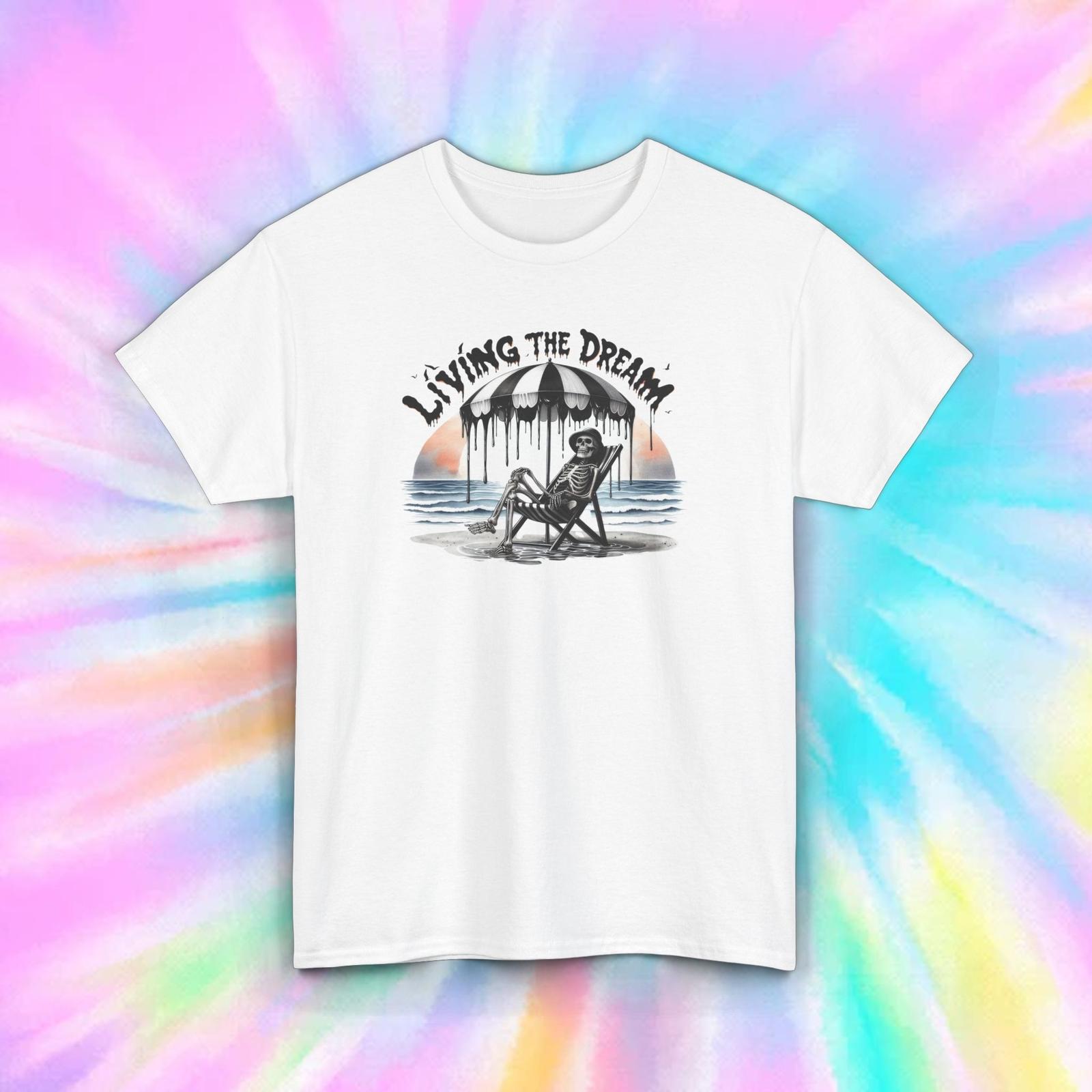 Living The Dream Funny Skeleton Beach Vacation Sarcastic Humor T-Shirt Mens Womens Tees Top Tee S-5XL 4XL