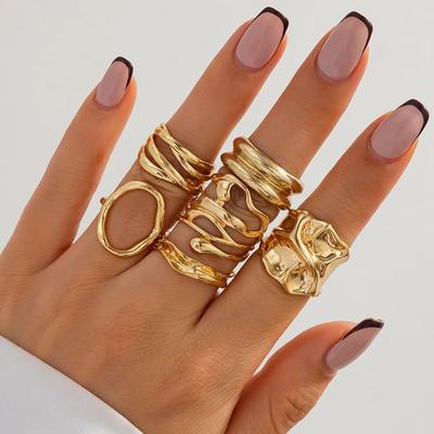 Ingemark 6Pcs/Set Classic Gold Color Hollow Irregular Texture Open Rings Women Vintage Geometric Finger Ring Couple Jewelry Gift