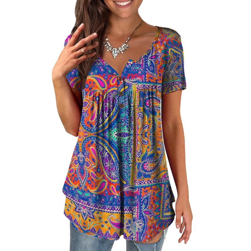 Ladies Casual V Neck Short Sleeve T-Shirt Print Button Top