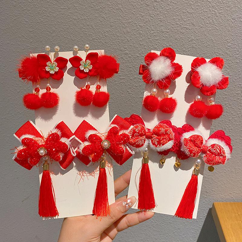 2024 Autumn/Winter Children's Red Hair Clips – Chinese Hanfu Style for New Year