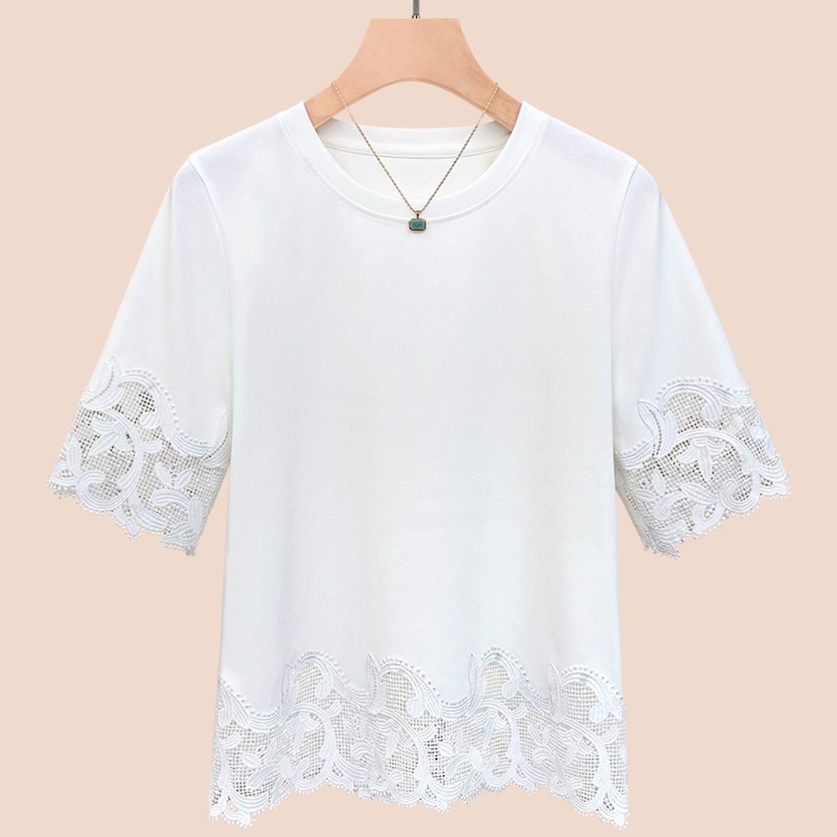 

Летняя кружевная футболка с круглым вырезом и короткими рукавами, женская простая и универсальная однотонная футболка S белый