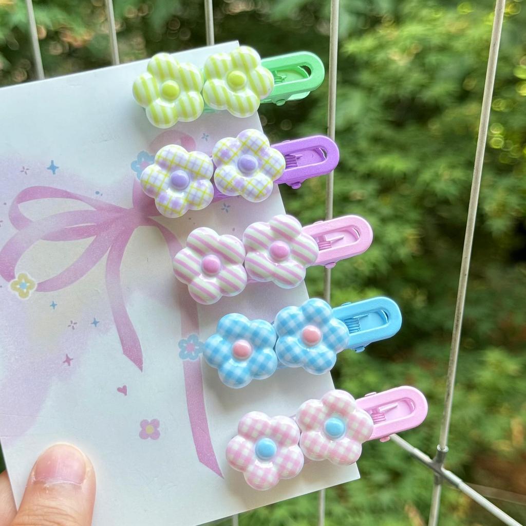 Korean Style Five-Petal Flower Hair Clip – Candy Color Plaid Wave Design for Girls