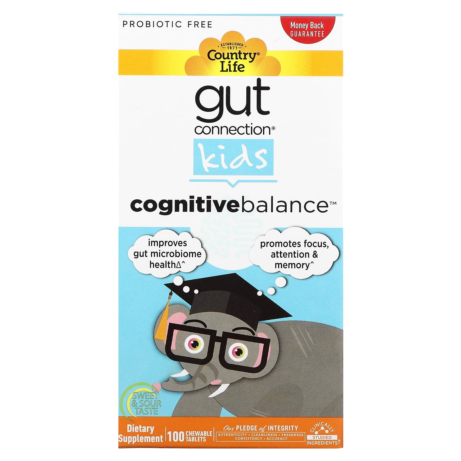 

Country Life, Gut Connection Kids, Когнітивний баланс, Солодко-кислий, 100 жувальних таблеток