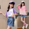 Girls' Summer Outfit Set: Denim Shorts and Short-Sleeved Top