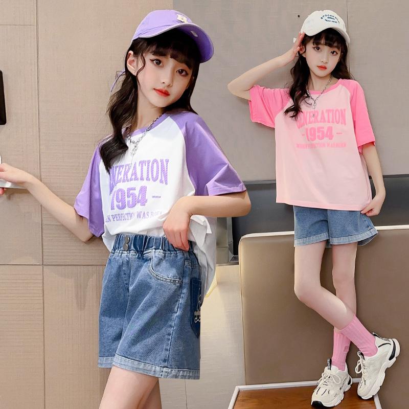 Girls' Summer Outfit Set: Denim Shorts and Short-Sleeved Top