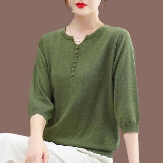 Korean Fashion Women Big Size Knit T-Shirt Female Clothing Spring Summer 3/4 Sleeve Pullover Tees Loose Casual Solid Vintage