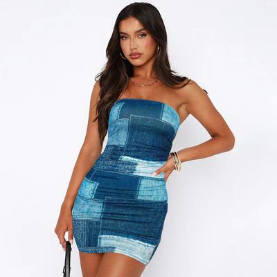 Women's Clothing, Summer Printed Slim Fit and Hip-packing Dress, Denim High-end Breasts