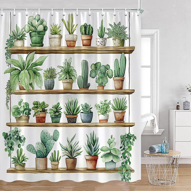 Plant Shower Curtain Cats Green Potted Plants Leaves Cat on the Toilet Modern Bathroom Decor Polyester Fabric Bathtub Curtain