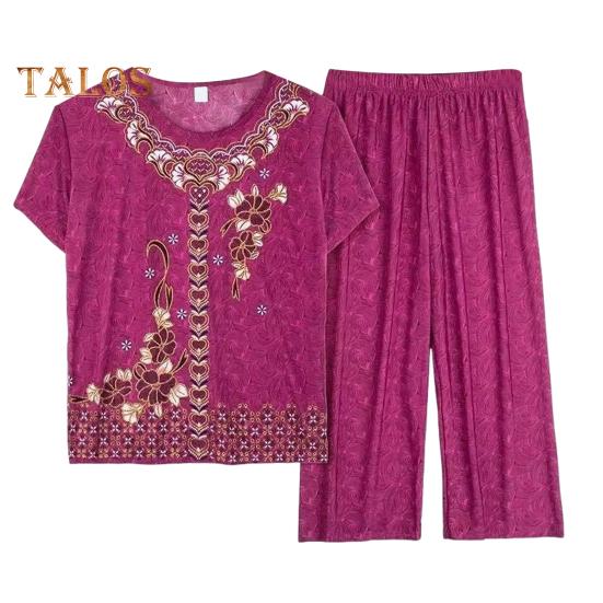 2 Pcs/Set Mid-aged Women Pajamas Set O Neck Embroidery Short Sleeve Plus Size Elastic Waist Pleated Loose Wide Leg Mother Grandmother Sleepwear