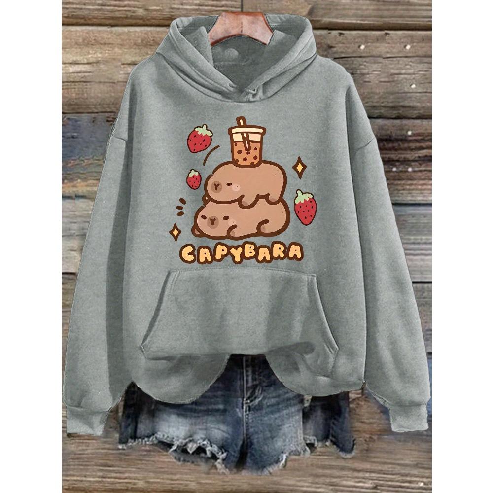 

Cartoon Strawberry Capybara Cute Printed Hoodie for Women Autumn Winter 2025 Long Sleeve Tops Sweatshirt Clothing XL