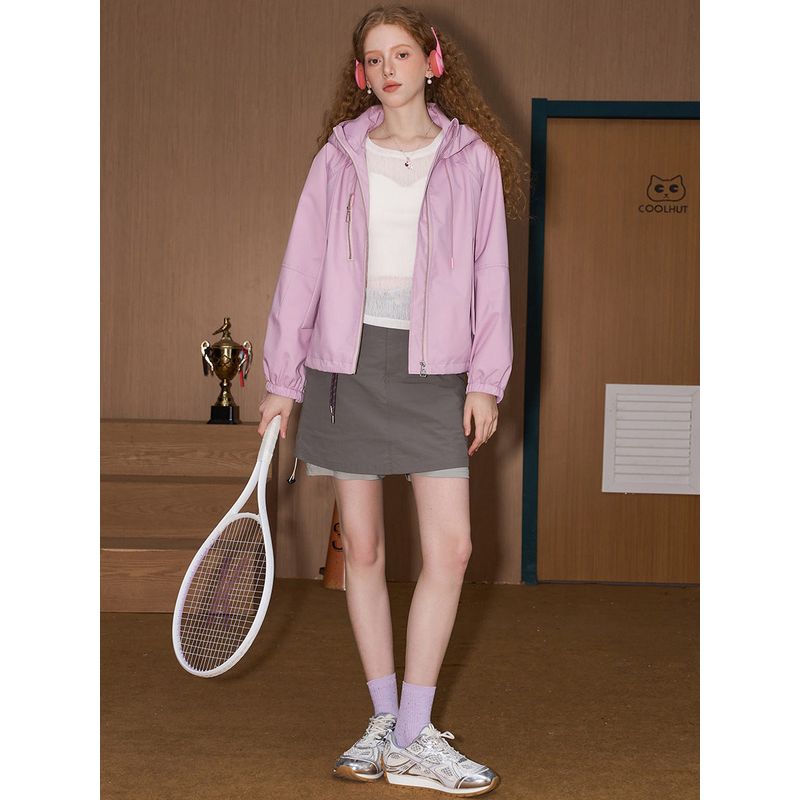 Coolhut Hooded Workwear Style Short Casual Loose 2026 Spring Women's Jacket Slimming Solid Color Drawstring