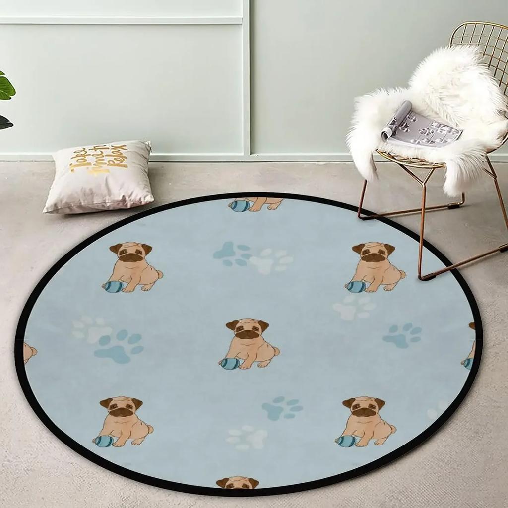 Crystal Velvet Cute Pug Round Rug, Kawaii Dog Print Non Slip Floor Mat for Living Room, Bedroom, Home Decor, Circle Area Rug