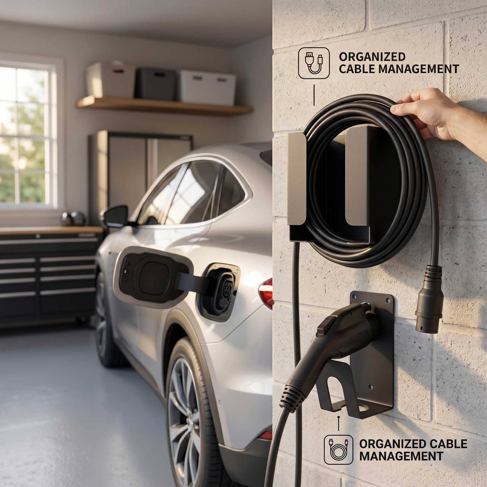 EV Charger Holder Wall Mount Kit EV Cable Box Organizer Portable EV Charging Cable Holder with Cable Hook for Garages