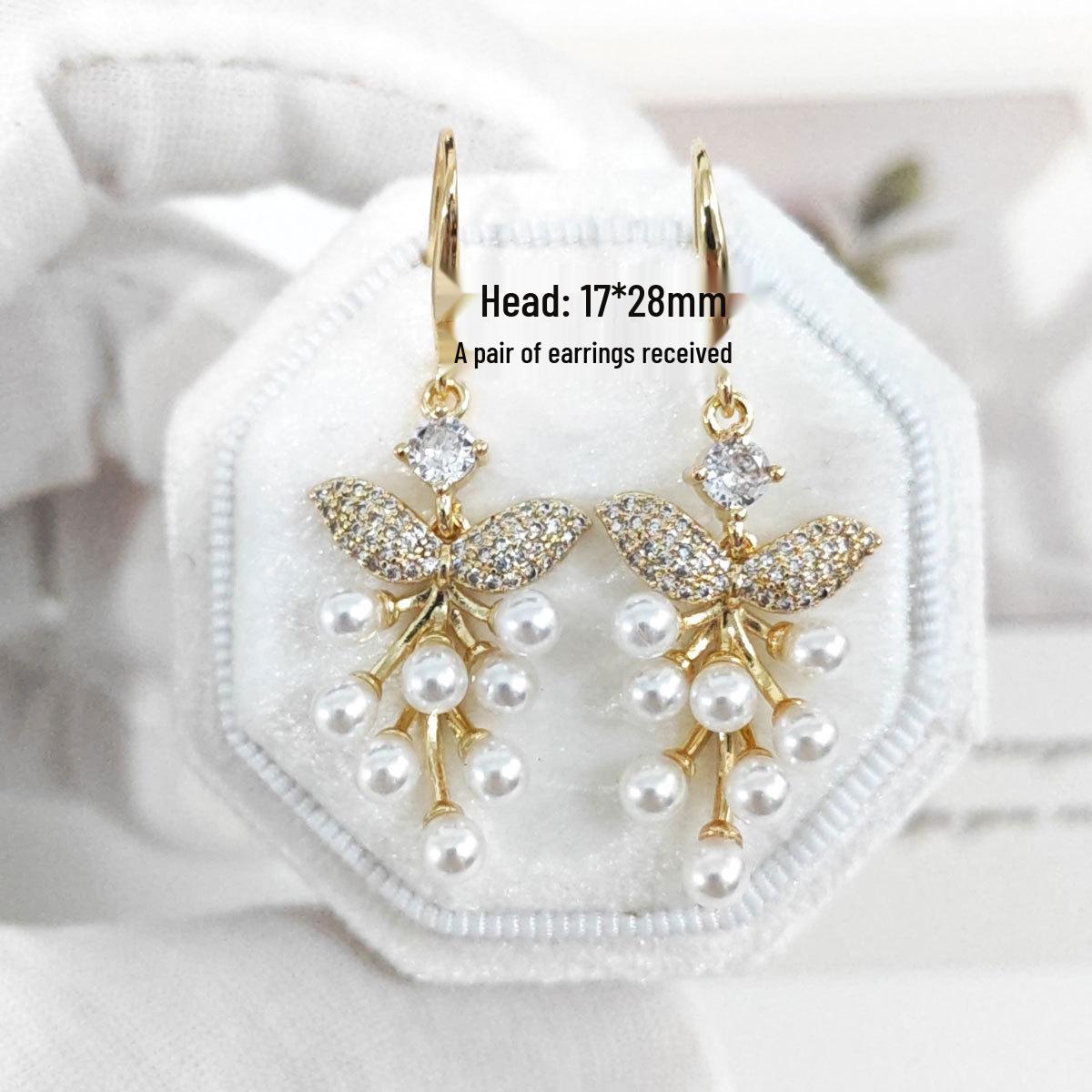 Copper-Plated Gold Leaf Pearl  Zirconia Tassel Earrings for Women - Elegant Light Luxury Jewelry Real Gold Plating, Long-lasting Color Retention