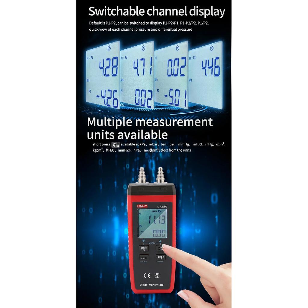 UNI-T UT366A Manometer Digital Surface Pressure Difference Measurement Wind Speed Air Pressure Differential Pressure Gauge Meter