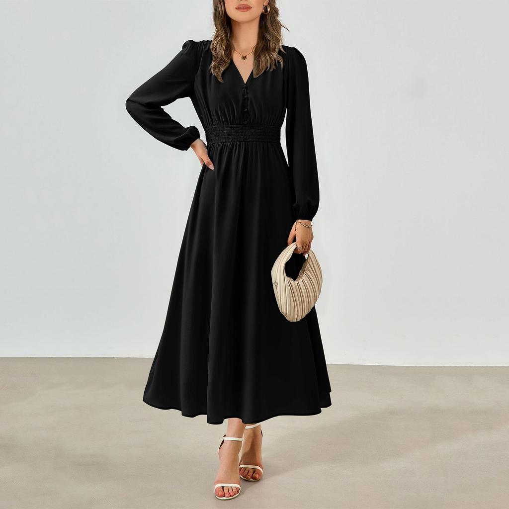 Women's Fashion Loose V-Neck Button High Waist Flowing Long Casual Dresses