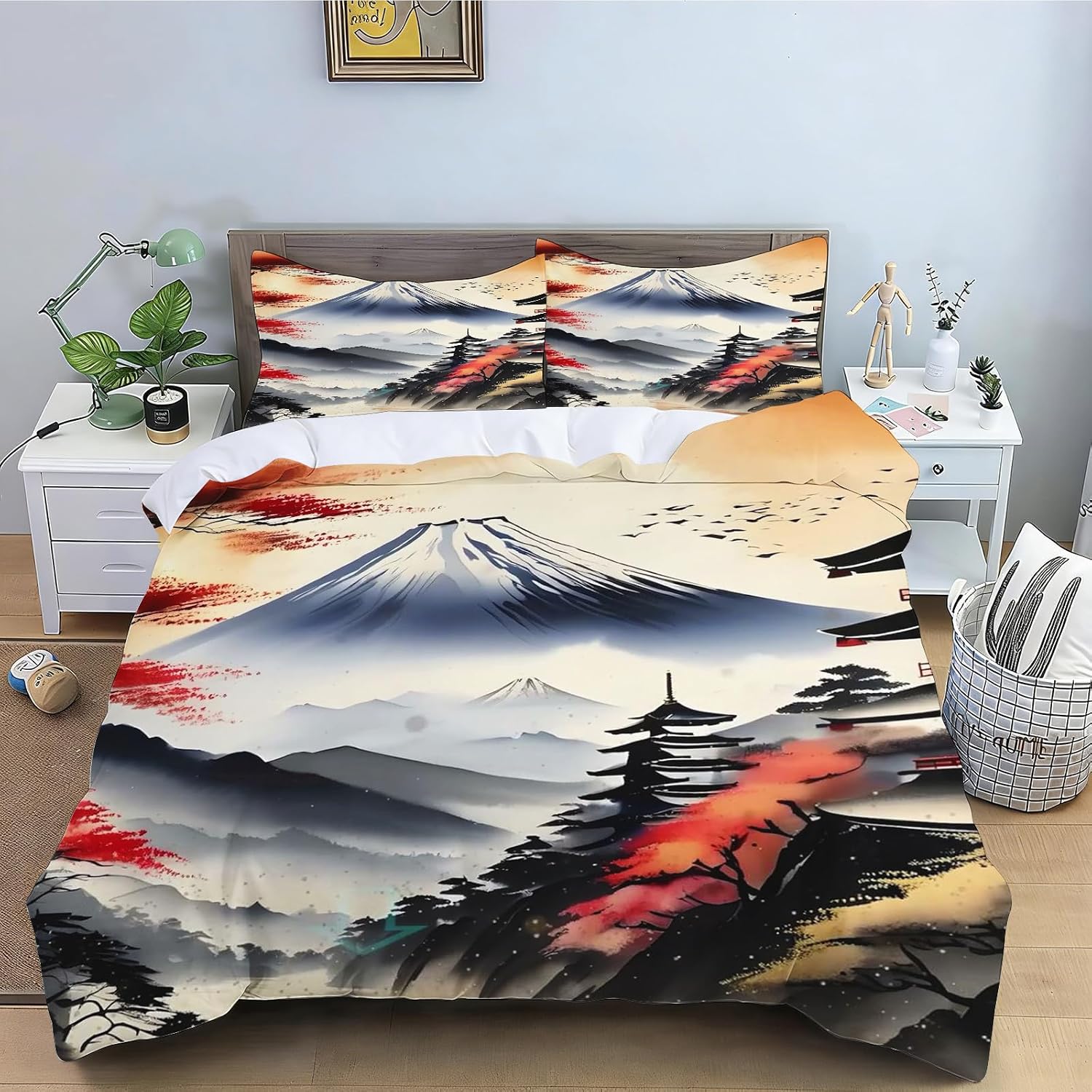 Japán stílusú paplanhuzat párnahuzattal, Cseresznyevirág ágyneműgarnitúra, Mikroszálas, Fakulásálló hegyi táj paplanhuzat garnitúra 100×135cm&Duvet Cover