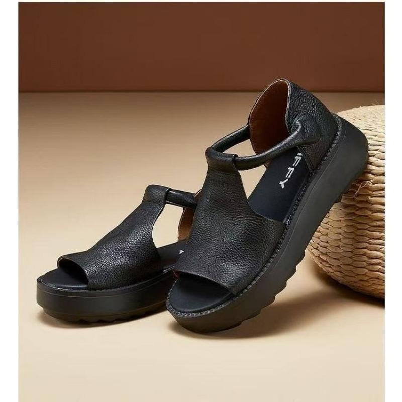 New Soft Leather Sandals, Flat Velcro Casual Open-toe Soft-soled Shoes, Versatile and Fashionable Women's Shoes