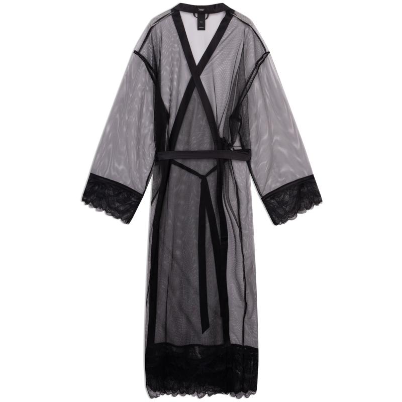 Calvin Klein Série Black Label SS25 Roupão Sexy de Renda com Tiras em Malha Transparente Manga Longa Feminino Roupões Preto Espacial QS7372