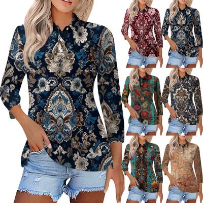 Women's Fashion Casual Lapel Short 3/4 Sleeve Print Shirt Women's Button Up Tops
