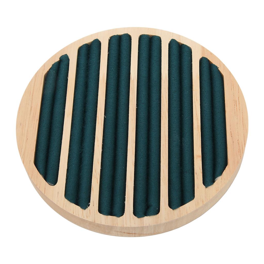 Wood 6 Slots Round Shape Ring Earring Storage Tray Green Flannel Display Jewelry Holder