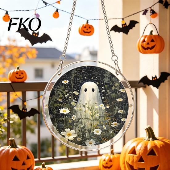 Clear Acrylic Halloween Hanging Suncatcher Jigsaw Puzzle Set, Spooky Ghost Floral Meadow Window Ornament with Metal Stained Glass Frame &