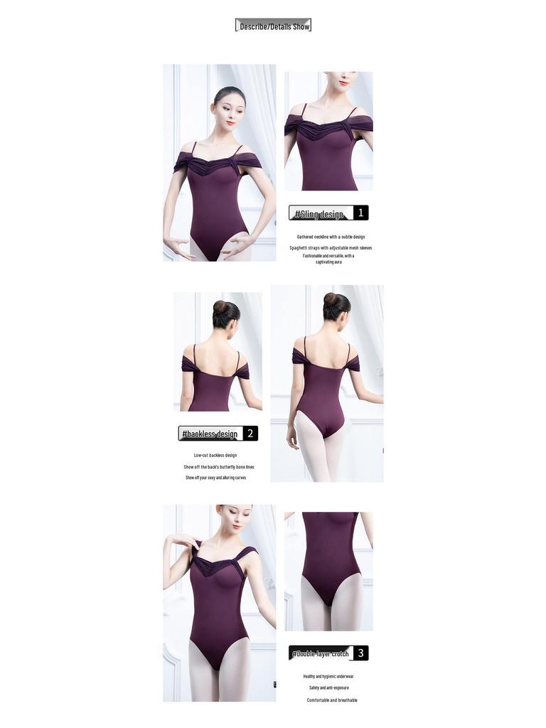 Dospelý leotard bez chrbta zo spandexovej sieťoviny na baletné a gymnastické cvičenie
