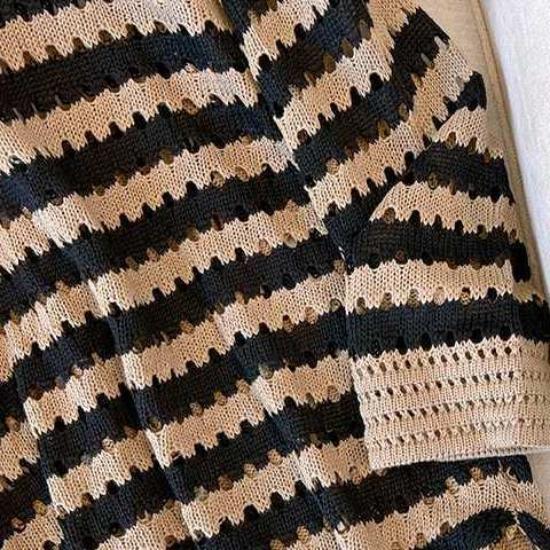 Striped V-neck Knitted Long Sweater Dress Women's Spring Autumn Loose Plus Size Elegant Casual Mid Knitted Dresses