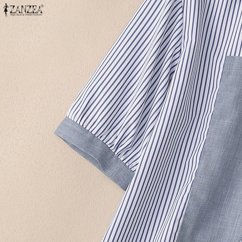 ZANZEA Women Casual Turn Down Collar Loose Short Sleeve Stripe Blouse