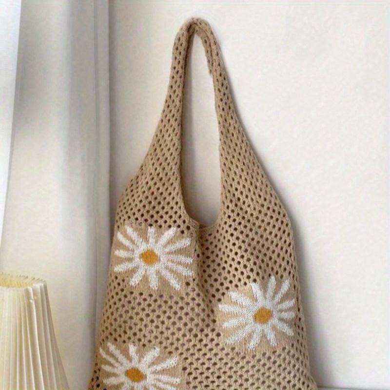 Large Capacity Floral Pattern Crochet Tote Bag - Fashionable Y2K Design, Soft Fabric Lining, Printed Pattern