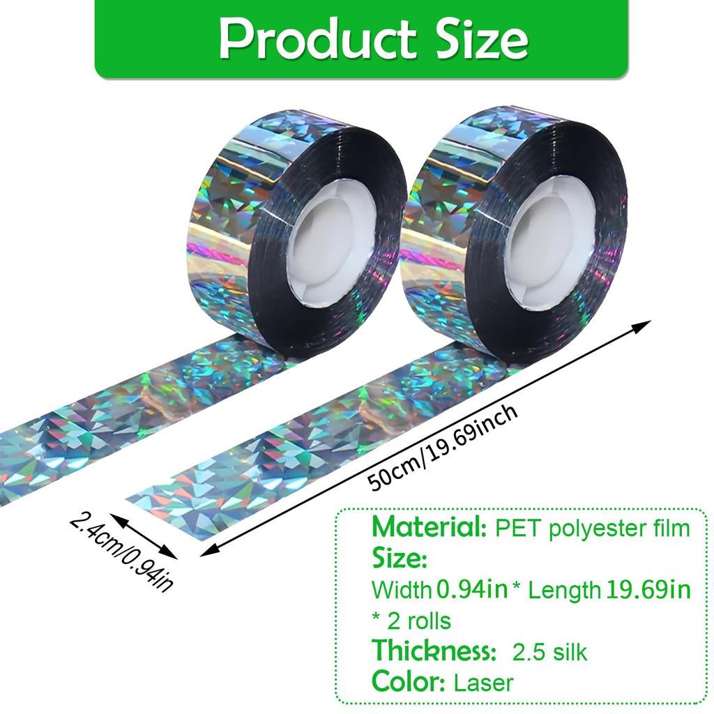 2 Rolls Bird Scare Tape Double Sided Holographic Flash Reflective Bird Tape Deterrent Visual Audible Bird Repellent Devices 4