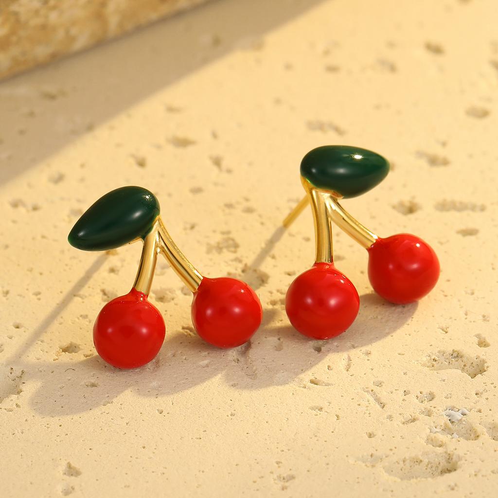 GEMCHIC Damen Niedliche Kirsch-Steckohrringe 2025 Neue Mode Früchte-Design Edelstahl Rot Grün Blatt Schmuck