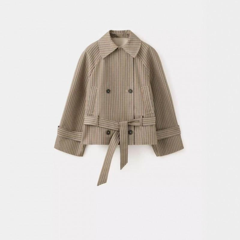 Vintage karierter kurzer Trenchcoat mit Gürtel in der Taille Zweireihige Jacke Damen