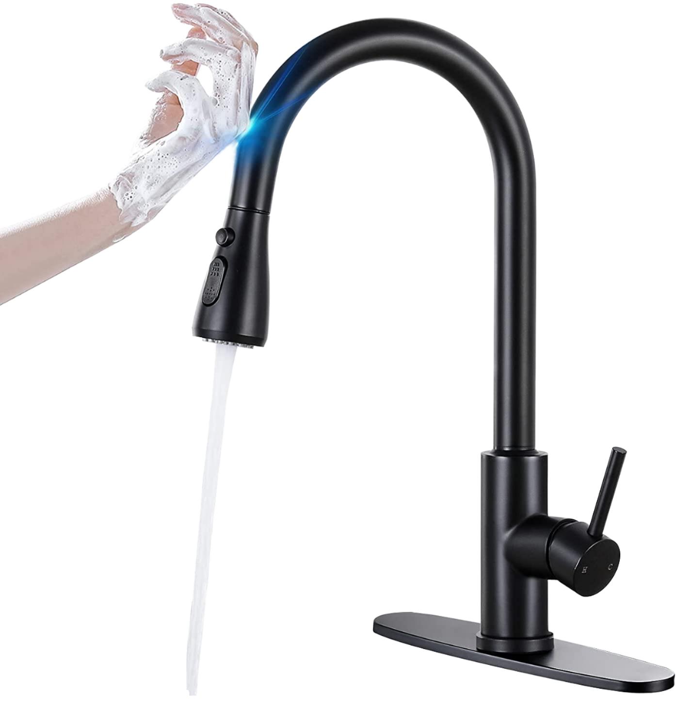 Modern Stainless Steel Single-Hole Deck Mounted Kitchen Faucet Ceramic Pull Spray Black Chrome Gold Finish Cold Water Sink Tap (Black,Stainless Steel)