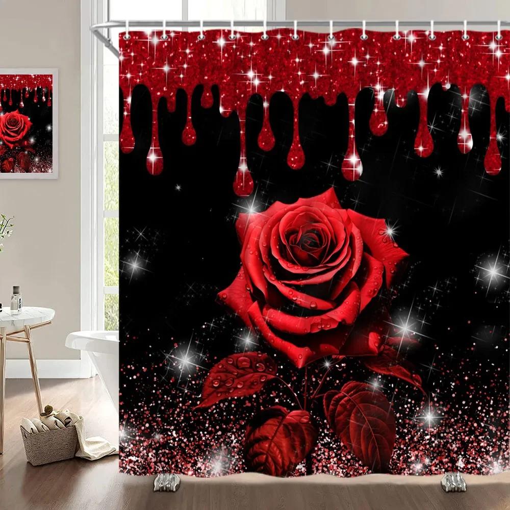Valentine'S Day Shower Curtain, Rose Flower Heart Romantic Plant Love Lipstick Polyester Printed Fabric Bathroom Decoration