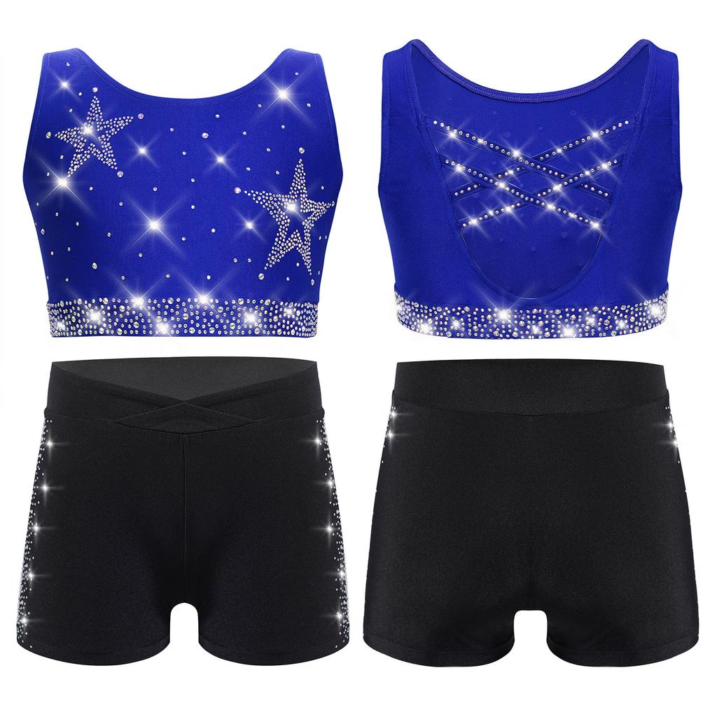 Dívčí gymnasticko-taneční set: Crop top tílko s kamínky, křížením na zádech a véčkem vpředu, s šortkami s elastickým pasem