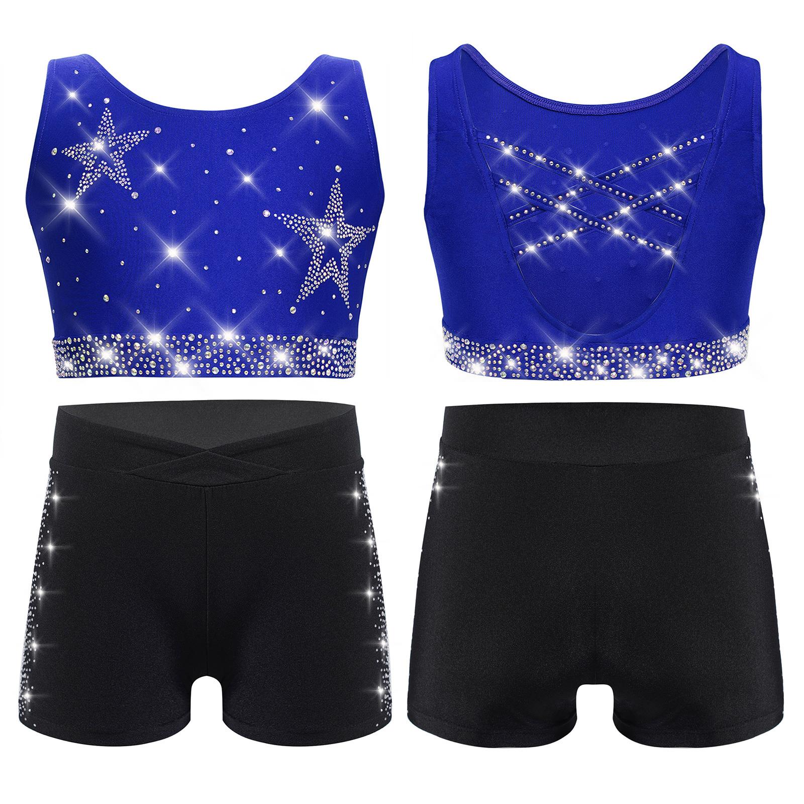 Wettkampfausstattung für Kinder: Rückenkreuzendes Strass-Crop-Top & V-Ausschnitt-Elastikshorts für Gymnastik und Tanz 7-8 Years
