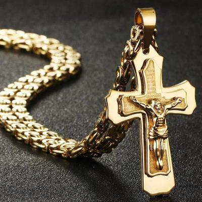 Religious Catholic Crucifix Jesus Cross Necklace for Men Cross Pendent with Bible Necklace Men Byzantine Chain Jewelry Gifts