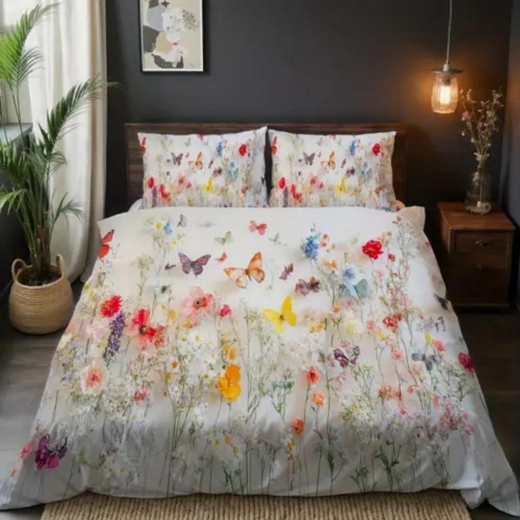 Dopamin Buntes Blumenmuster Romantischer Bettbezug Queen King Size Frühling Blumenmuster Bettwäscheset Raumdeko 3-teiliges Set Ohne Steppdecke