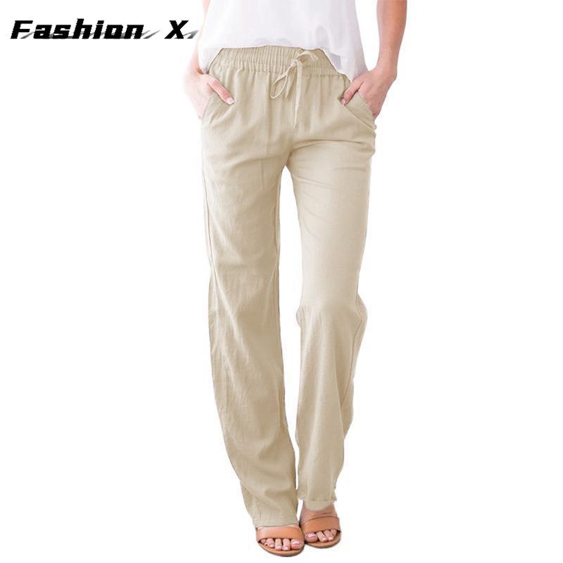 Pantaloni da donna larghi a gamba larga tinta unita cotone lino coulisse pantaloni casual