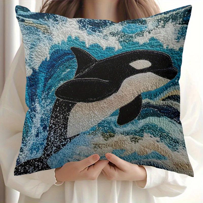 Exquisite Ornaments Unisex Double Sided Orca Killer Whale Throw Pillow Cover 2D Ocean Wave Print Decorative Cushion Cover For Home Decor