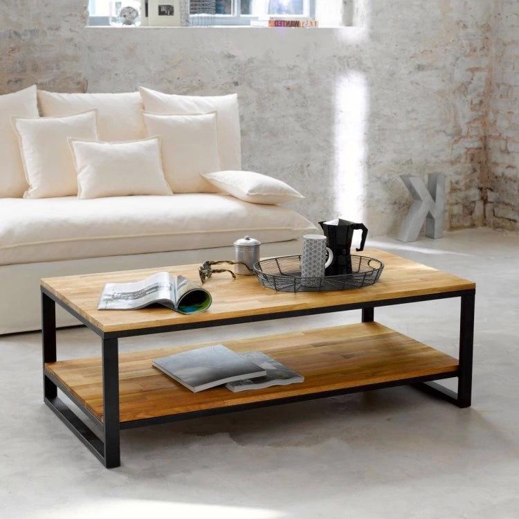 American Retro Distressed Wrought Iron Coffee Table with Solid Wood Double Layer for Living Room