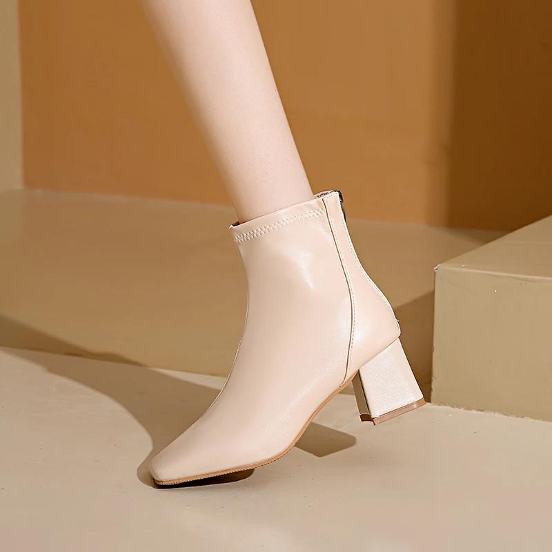 Модне взуття Жіноче 2024 Великий розмір Сучасні жіночі чоботи Елегантні черевики до щиколотки Жіночі Шиті Квадратний носок Застібка-блискавка ззаду Взуття на високих підборах Жіноче